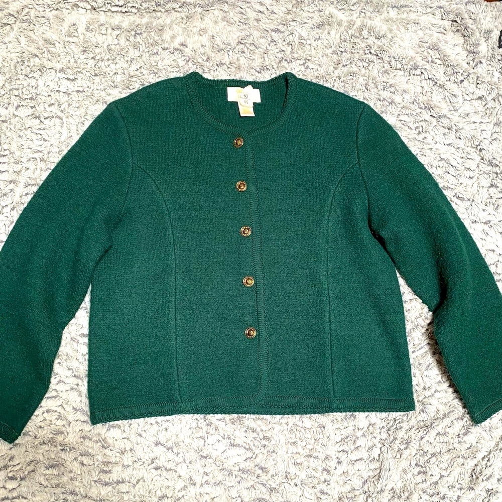 TallyHo Womens Large Vintage Cardigan Sweater Wool Gold Buttons Emerald Green